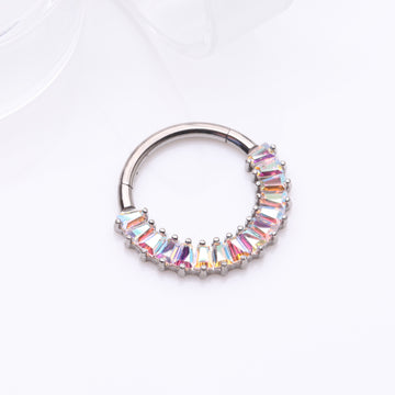 Detail View 1 of Implant Grade Titanium Pave Baguette Sparkle Clicker Hoop Ring-Aurora Borealis